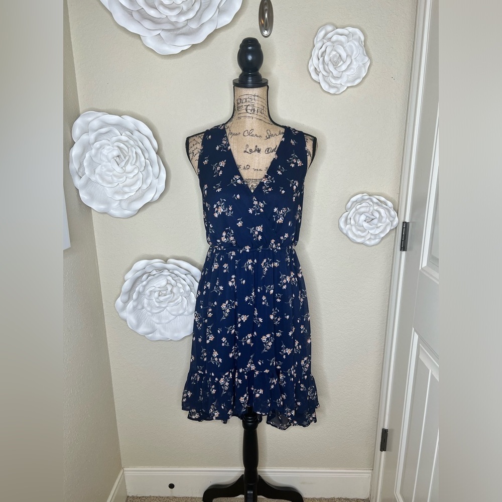Altar’d State Navy Blue High Low Floral Ruffle Hem Dress Size Medium
